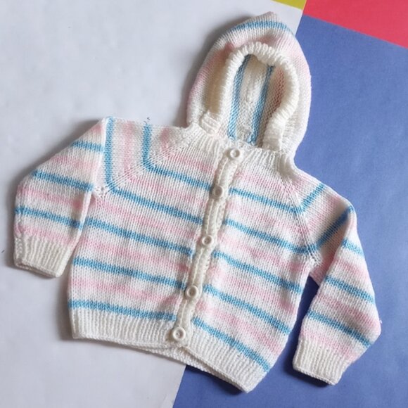 Vintage Youth Handmade Bubble Gum Striped Crocheted Cardigan Sweater SIZE: S - Picture 2 of 6